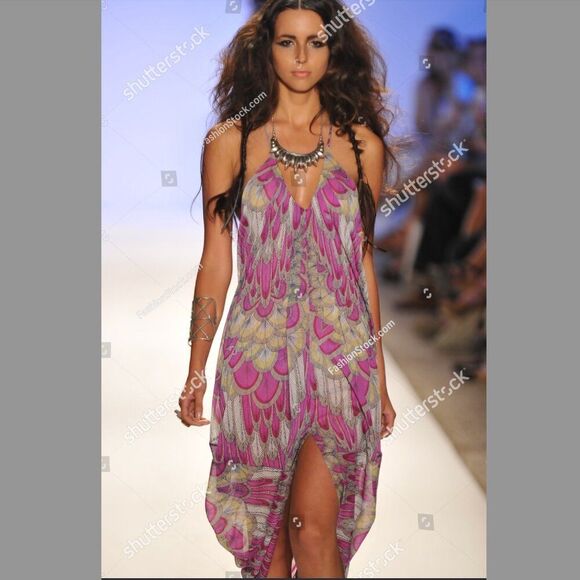 NWT Mara Hoffman Feather Pink Peacock Sheer Long Beach Swim Cover Up Sexy Boho